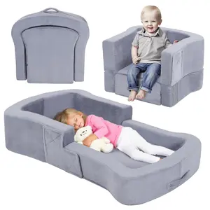 Portable Toddler Travel Bed, 2-in-1 Foldable Toddler Bed Sofa Chair 28D, Soft Baby Kids Travel Floor Cot with Washable Covers Safety Foam Raised Bumper for Grandma's House Camping Hotel