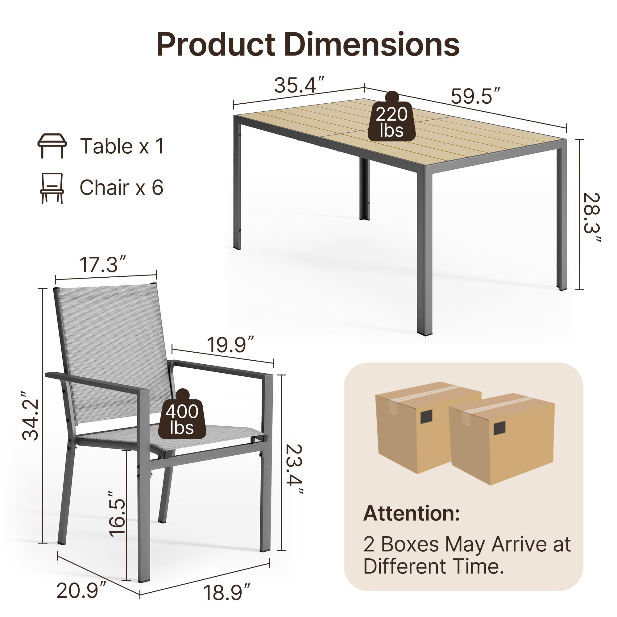Gizoon Patio Table and Chairs Set for 6, Outdoor Dining Set Includes 59.5" Rectangle Patio Table with Side Umbrella Hole and 6 Textilene Fabric Patio Chairs for Courtyard, Backyard, Pool, Grey&Brown Gizoon Patio Table and Chairs Set for 6, Outdoor Dining Set Includes 59.5" Rectangle Patio Table with Side Umbrella Hole and 6 Textilene Fabric Patio Chairs for Courtyard, Backyard, Pool, Grey&Brown
