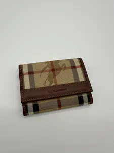 Pre-owned BURBERRY Leather and Coated Canvas Wallet Nova Check Bifold Snap Cardholder Trimmed in Brown Leather