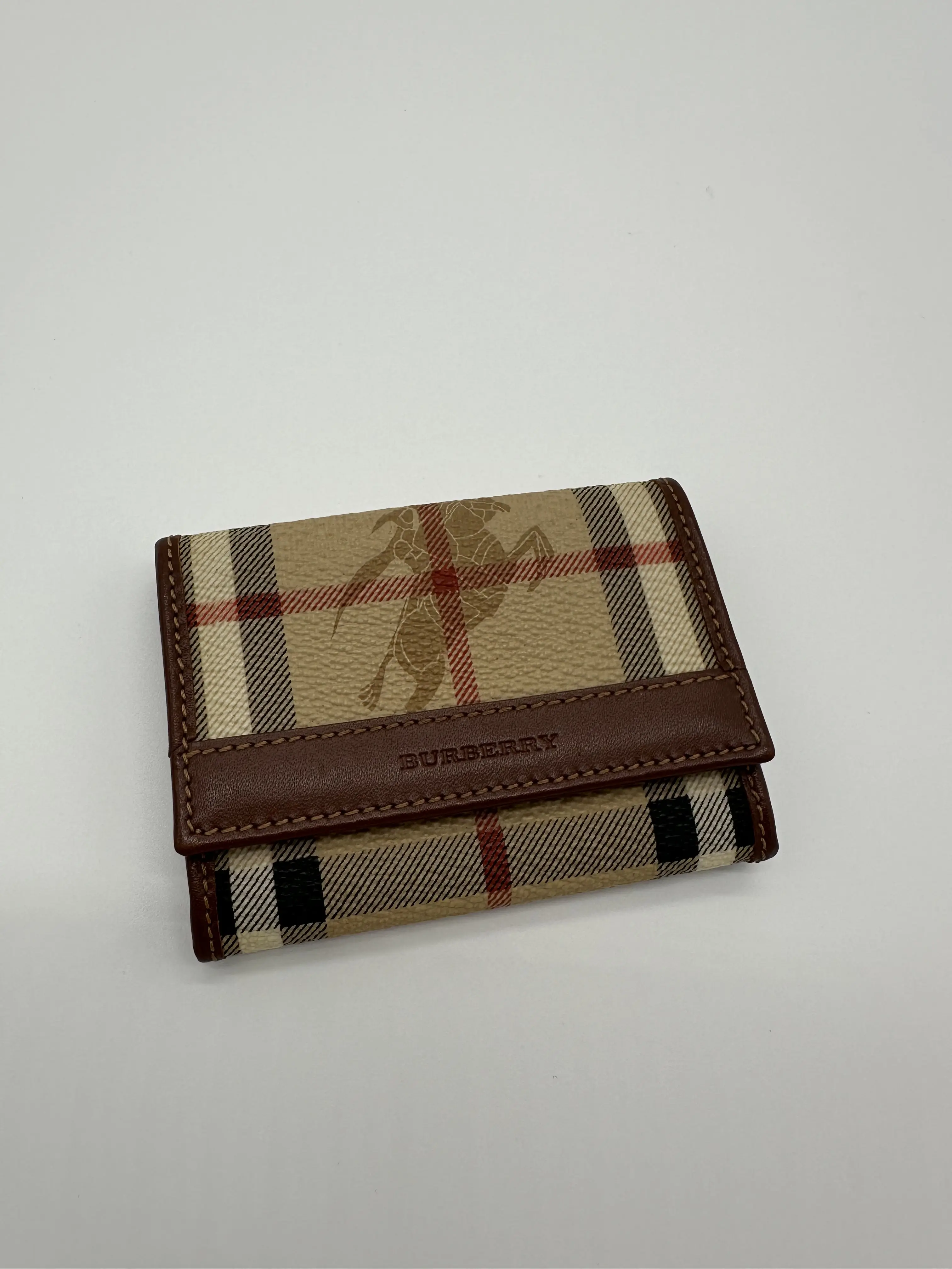 Pre-owned BURBERRY Leather and Coated Canvas Wallet Nova Check Bifold Snap Cardholder Trimmed in Brown Leather