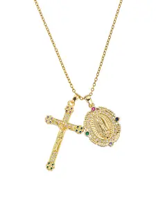 Studded Zircon Cross Necklace, Vintage Cross Pendant, Virgin Mary Christian Jewelry, Suitable for Daily Wear & Home Gatherings, Retro Style, Zircon Gemstone Necklace