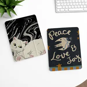 Cute Cat & "Peace Love Joy" Smart Trifold Case【HD502】Fits iPad Mini4-7, Air1-7, Gen5-11, Pro11-13" + Galaxy Tab S6 Lite/S10 lite/A9+/S7-S10 | Auto Wake/Sleep, Ideal for Daily Relaxation & Casual Use