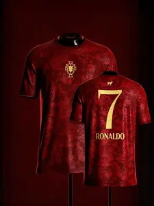 Ronaldo #7 Portugal National Team Red GOAT Print Soccer Home Jersey Portuguese Cultural Pattern Gold Number Breathable Quick Dry Short Sleeve for Ronaldo Fans, Portugal Supporters, Football Collectors & Streetwear Enthusiasts