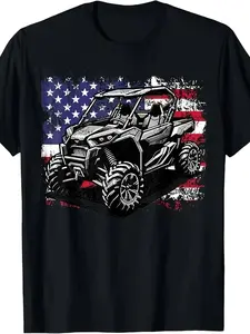 Men's & Women's American Flag UTV/UTV Side By Side/SXS Off-Road T-Shirt - Retro Style Short-Sleeve Casual Tee Suitable for Men & Women, S-5XL, 4th of July Outdoor Adventure Apparel, Machine Washable 220G