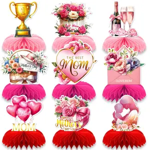 Mother's Day Party Honeycomb Centerpieces Table Decorations, 9 Counts/set Flower & Letter Pattern Party Decorations, Best Mom Party Decorations, Ornaments, Flower Design Decorations, Party Decoration Supplies