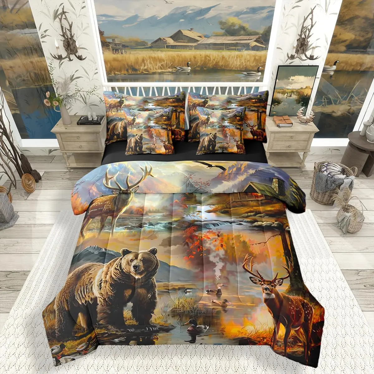 Deer Bear Comforter Set with Sheets 7 Pieces | Rustic Cabin Lodge Bedding Set Mallard Duck Woodland Animal Bed in A Bag Country Rural Farmhouse Bed Sets