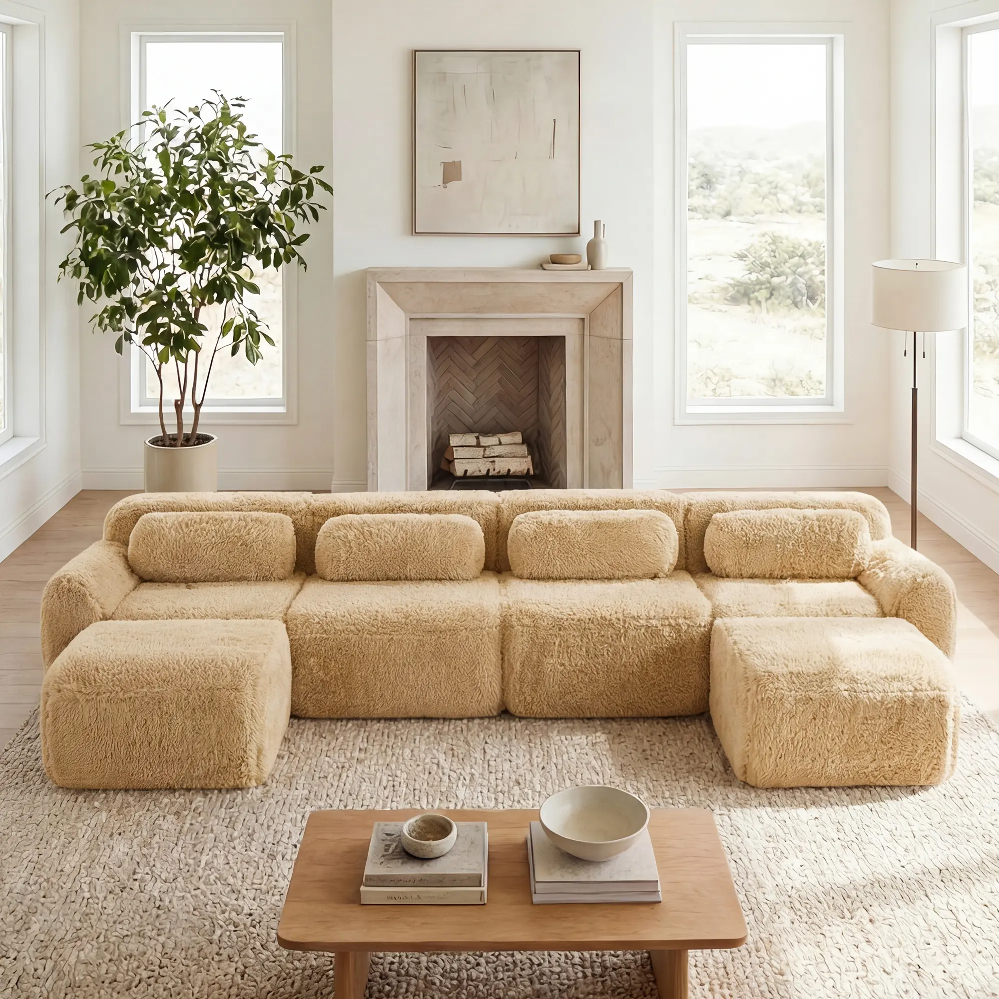 U-Shaped Sectional Boneless Sofa - 32D High Resiliency Foam, Anti-Slip Base, Arched Curve Ergonomic Design, No Assembly Required, Free Combination, Full Compression Vacuum Packaging, for Living Rooms, Chocolate, Sectional Sofa, Plush Fabric, Classic, Fixe