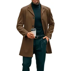 PASLTER Mens Mid Long Trench Coat Slim Fit Winter Pea Coat Single Breasted Business Overcoat essential  coat Shearling Jacket Tweed Blazer