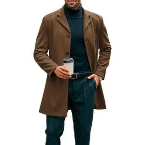 PASLTER Mens Mid Long Trench Coat Slim Fit Winter Pea Coat Single Breasted Business Overcoat essential  coat Shearling Jacket Tweed Blazer