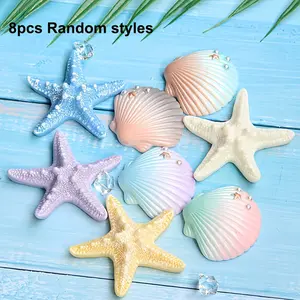 8 Piece Ocean Theme Resin Statues, Starfish and Shell Models, Aquarium Decor, Coastal Home Decoration, Indoor Outdoor Use, Light Tone