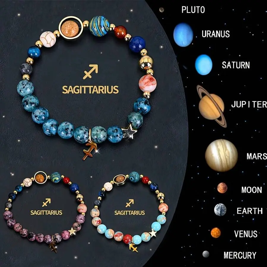 3Pcs Cosmic Galaxy Solar System Stone Bracelets, 12 Constellation Zodiac Pendant Bracelet, Birthday Valentine Couple Gift Jewelry