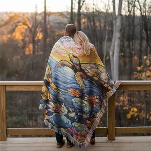 Multi Purpose Yarn Woven Outdoor Camping Blanket with Fringe - Sea Turtle Pattern, Thick Breathable, Colorfast, Use for Garden, Hiking,Travel, Lawns, or Concerts. As Home Decor, Use for Throw Blanket, Sofa Towel, Tablecloth, Tapestry, Office Nap