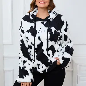 Women'sWinterPlushHoodedSweatshirtLongSleeveCowPrintLooseDrawstringHoodie,LadiesClothesforIndoorOutdoorWear,LadiesClothesforDailyWear