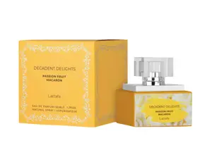 Lattafa Decadent Delights Passion Fruit Macaron EDP Perfume 1.7oz 50ml - Playful French Patisserie with Tropical Notes Amber Oud