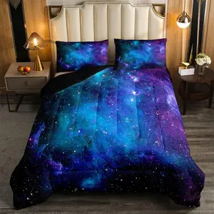 Purple Galaxy Comforter,Moon Star Bedding Sets,Night Starry Sky Space Comforter Set,Reversible Black Nebula Stars Quilt Duvet Microfiber Decorative