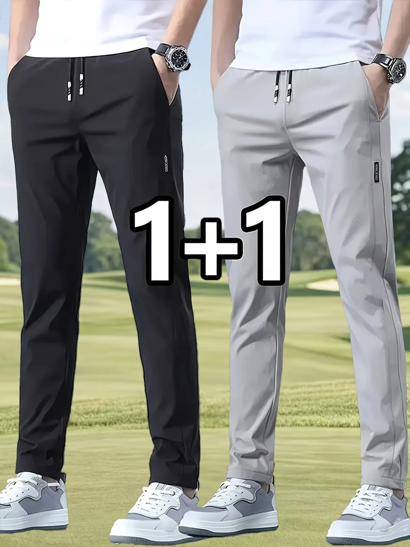 2pcs Men's Golf Pants, Lightweight Sporty Long Pants, Athletic Trousers, Athletic Bottoms, Runner Pants, Drawstring Waist, Pockets, Quick-Dry Fabric, Ideal for Golf, Running, Outdoor Activities, Fitness Trousers, Activewear Pants