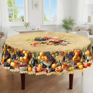 1pc, Fruit Themed Party Tablecloth, Spring Summer Vintage Apple Pomegranate Grape Floral Printed Design, Rectangular/Round/Oval Table Cloth, Embossed Edge, Kitchen Dining Outdoor Picnics Dinner Decor Ideal