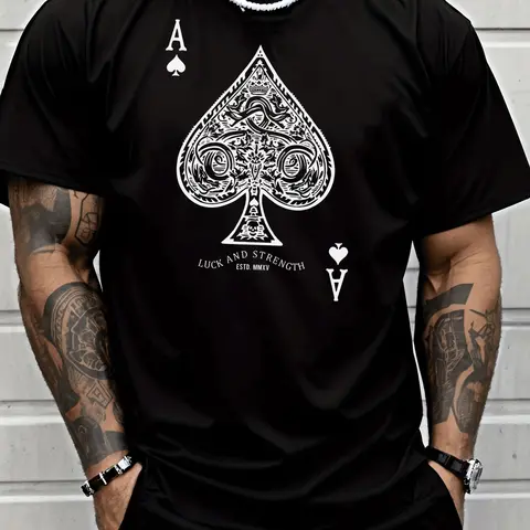 Men's Ace of Spades Spade Lettering T-Shirt - Luck & Strength Symbol, Breathable Short Sleeve Casual Tee for Gym, Poker Nights & Casual Attire - Year-Round Comfortable Fit (Regular Cut) for Adult Men & - Iconic Poker Card Design Gift
