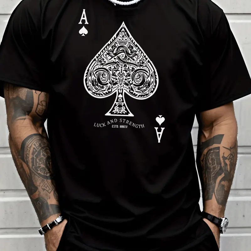 Men's Ace of Spades Spade Lettering T-Shirt - Luck & Strength Symbol, Breathable Short Sleeve Casual Tee for Gym, Poker Nights & Casual Attire - Year-Round Comfortable Fit (Regular Cut) for Adult Men & - Iconic Poker Card Design Gift