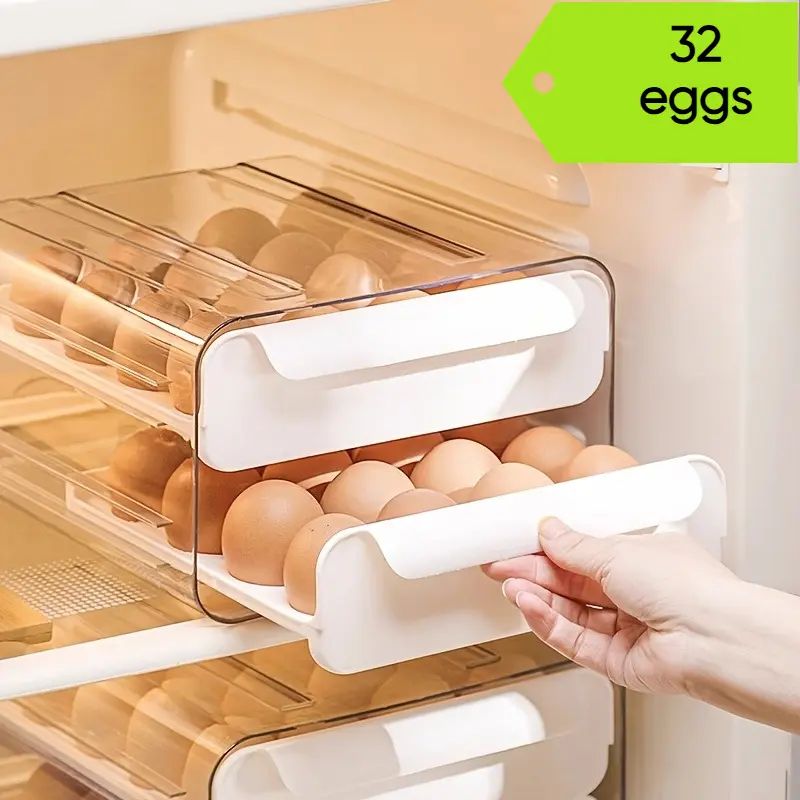 32 Egg Holder for Refrigerator - 2-Layer Clear Stackable Egg Tray with Handles - Large Capacity Fridge Egg Storage Container & Organizer Bin - BPA Free