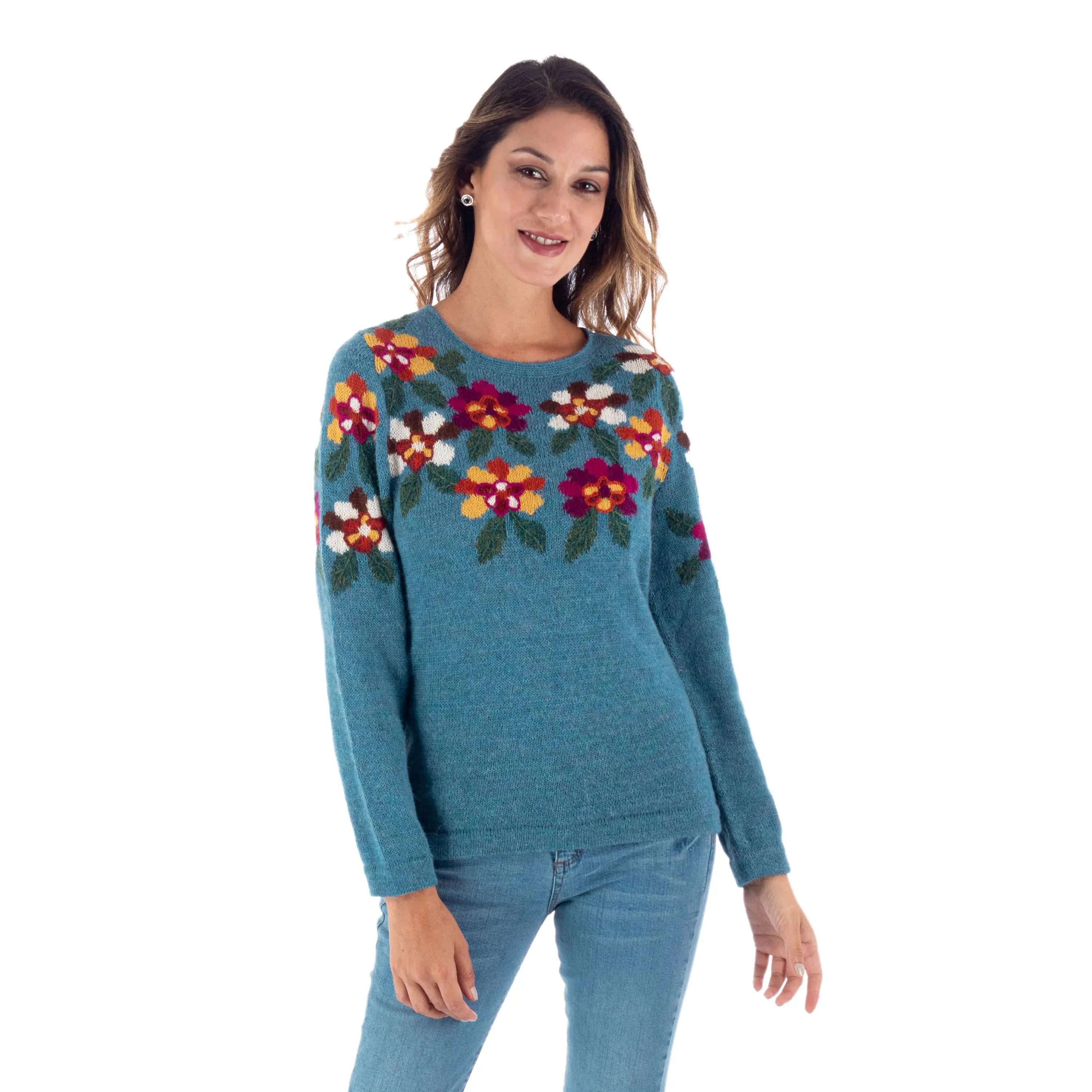 Novica Artisan Handmade Alpaca Intarsia Knit Sweater Turquoise Floral Wool Clothing Blue Peru Embellished 'Turquoise Garden'