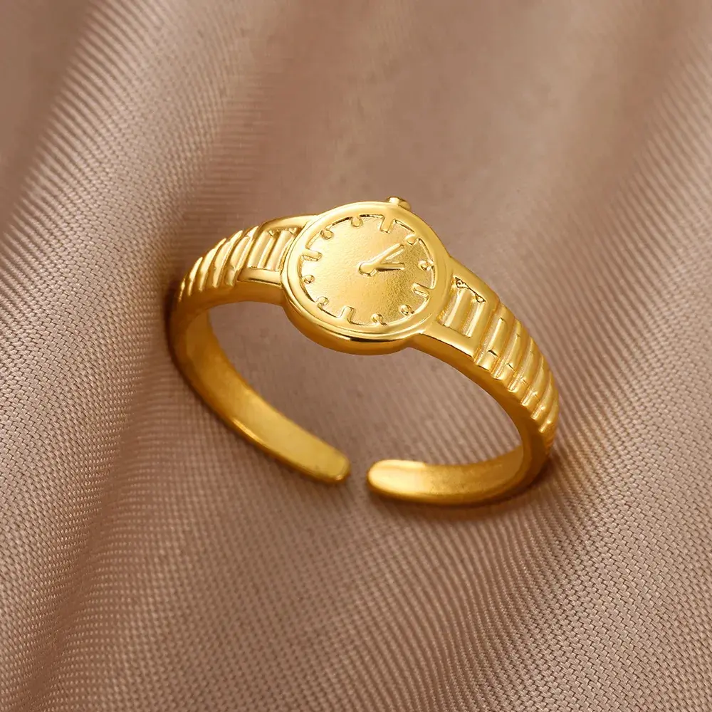 2Pcs (1 Gold +1 Silver) Adjustable Finger Rings,Watch Shaped Open Ring Set,  Vintage Watch Design Stackable Metal Statement Rings, Costume Dress Up Jewelry, Trendy Party Role Play Accessories, Gift for Women Girls