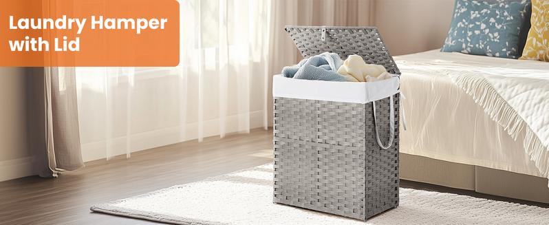 [Deal] Laundry Hamper with Lid, 23.8 Gallon (90 L) Synthetic Rattan Clothes Basket with Removable Liner, Portable, Foldable, Ventilated Organiser