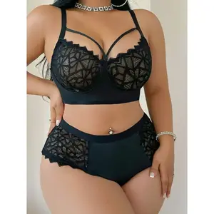 Plus Size Wireless Contrasting Lace Bra & Panties Lingerie Set Black Adjustable Straps Push-Up Casual Comfortable 2-Piece Set