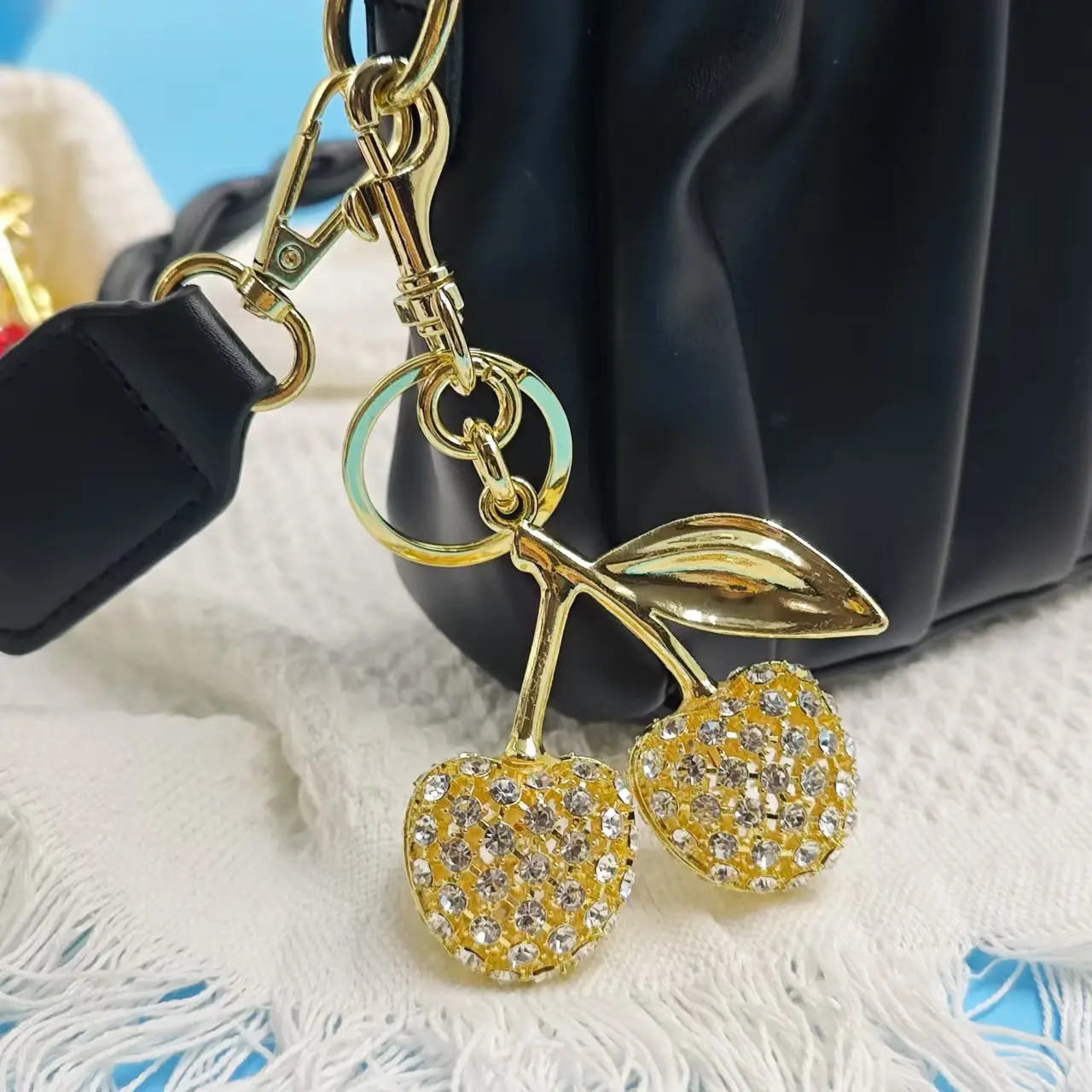 Fashion Accessories} Alloy Zircon Hollow Cherry Keychain for Girls
