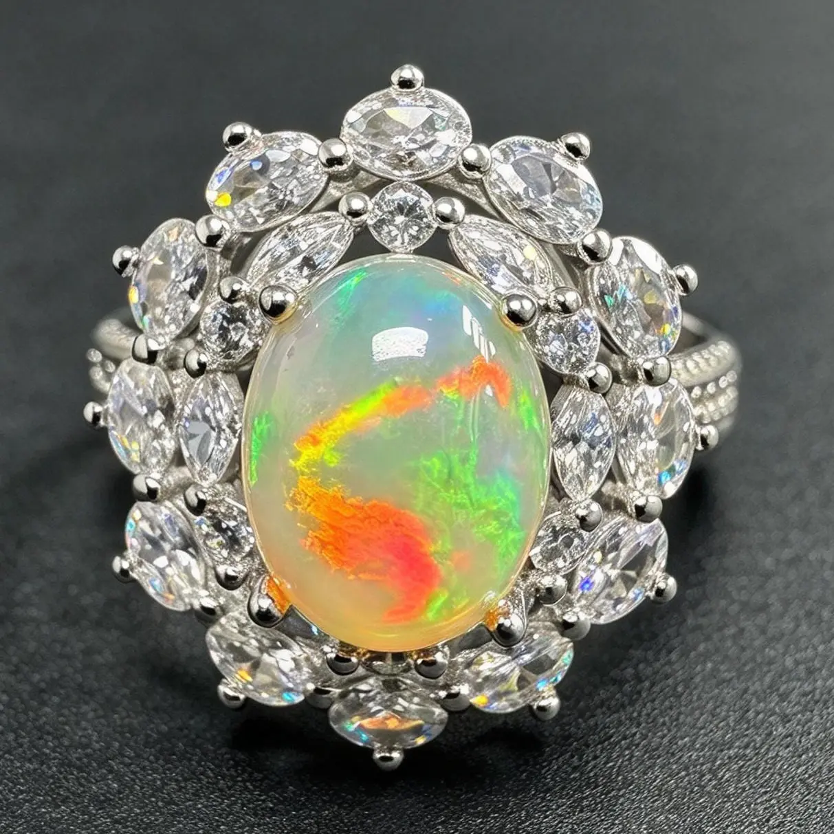 Natural Opal Halo Ring 925 Sterling Silver Adjustable Ring, Color Play Opal Statement Ring