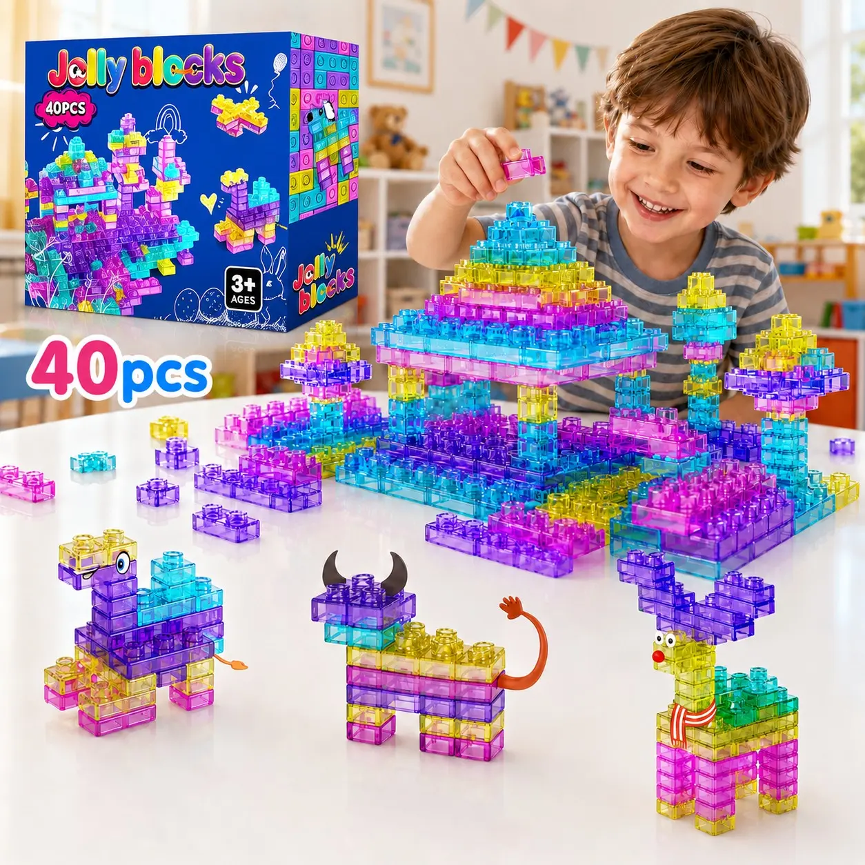 40pcs Squishy Blocks for Toddlers, Soft Jelly Building Blocks, Sensory Toys for 3+ Year Old Kids, Non-Toxic Silicone, Stem Stacking Blocks, Birthday Gift
