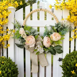 Creamy Style Artificial Peony Wood Bead Wreath, Decorative Flowers Ornaments, Striped Bow Door Hanger, Ideal for Front Door, Foyer, Window, Wedding, Festival Decor