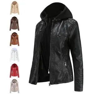 Women’s new leather jacket for spring and autumn; washed PU leather long-sleeve coat; basic minimalist hooded trench coat; cute witch-style backless denim top from Turkey; Gothic top