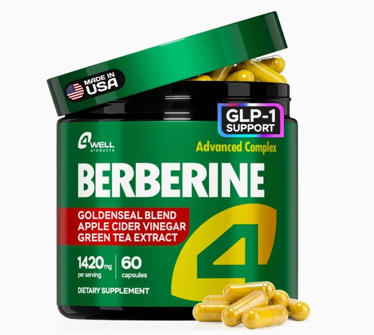 Berberine HCL Supplement - Triple Strength GLP-1 Activator with Apple Cider Vinegar & Green Tea Extract - Body Composition Support, Digestive Health, Support Heart Health, Immune System (60 Capsules)