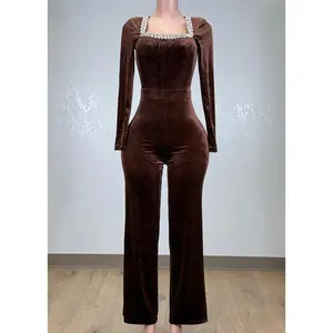 ARABELLA BROWN RHINESTONE NECK VELVET LONG SLEEVE JUMPSUIT