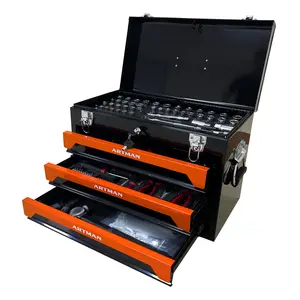 Hdmw Best 20'' Portable 3-Drawer Steel Toolbox, 4 Layers of Tools with Metal Latches, with Top Storage Tray and carrying Handle, Multi-Function Tool Storage for Garage, Home, or Workbench ,Black&Orange