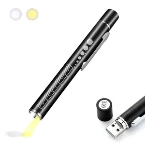 USB Rechargeable Pen Light Black Reusable LED Penlight for Students Doctors Nurses with 2 Light LED Sources, Extra Warm Light Bulb, Pocket Clip