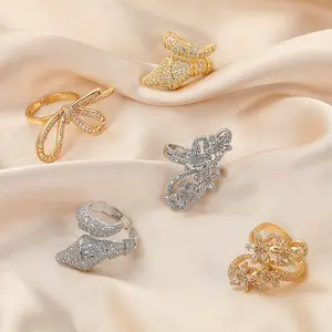 Adjustable Openwork Zirconia Ring Micro-Pavé Hollow Geometric Design Gold Plated Stackable Statement Ring for Women