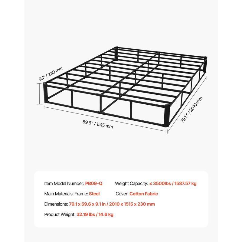 VEVOR Box Spring, Queen Size Bed Frame with Washable Fabric Cloth, Heavy Duty Metal Frame for Queen Bed, 9 in Mattress Foundation, 3500 lbs Max Weight Capacity, Easy Assembly, 79.1L x 59.6W x 9.1H in