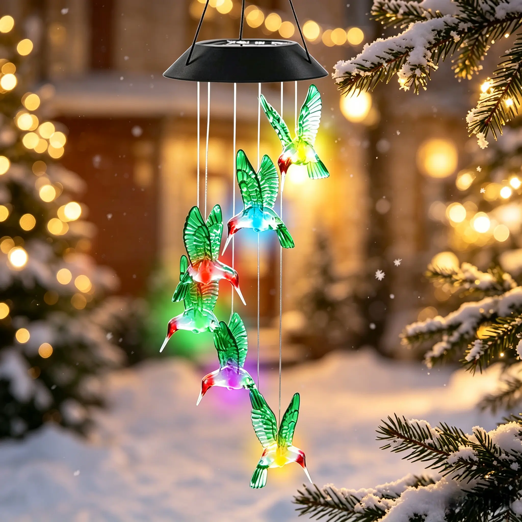 Christmas Hummingbird Solar Wind Chime Lights, Color Changing LED Hummingbird Hanging Light, Waterproof Outdoor Solar Powered Light for Xmas Yard Patio Garden Holiday Home Decor