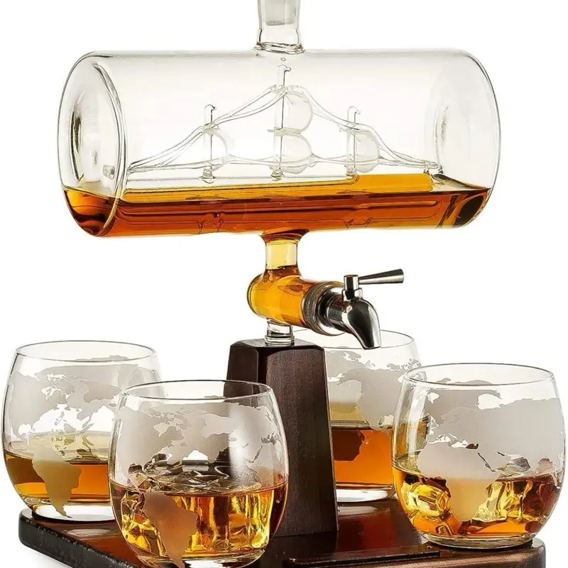 Elegant Balloon-Shaped Whiskey Decanter Set (1 Decanter, 4 Engraved Glasses) with Utensils & Home Bar Accessories, Ideal for Scotch, Bourbon, Personal Use, Father’s Day Gifting for Adults (All Seasons Bar Sets)