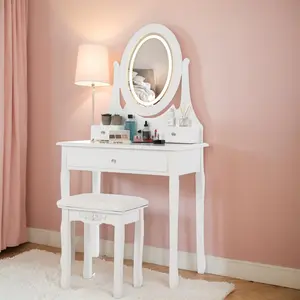 Vanity Table with LED Lighted Oval Mirror,Modern Vanity Desk with Mirror and Lights,Cushioned Stool, 3 Color Lighting Modes, and 3 Storage Drawers, Girls Women Vanity Desk for Bedroom, White