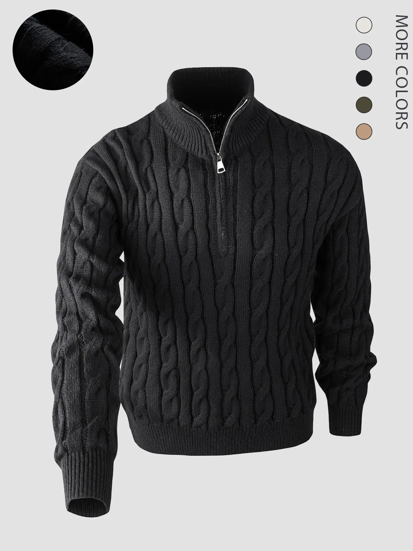 Men's Solid Zip-Up Chunky Cable Knit Sweater, Regular Fit Casual Classic Long Sleeve Stand Collar Jumper for Fall & Winter, Men's Knitwear for Daily Wear Tops, Menswear
