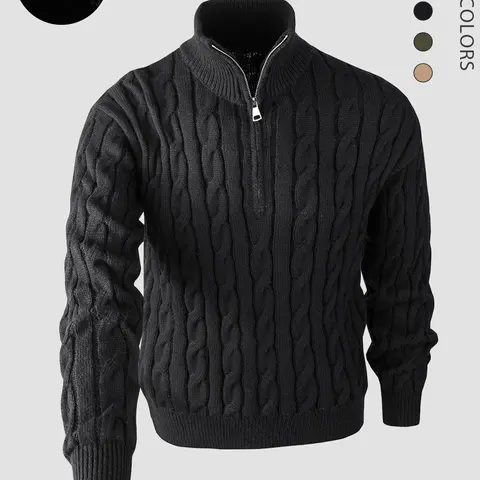 Men's Solid Zip Up Chunky Cable Knit Sweater, Regular Fit Casual Long Sleeve Stand Collar Jumper for Fall & Winter, Fashion Men's Knitwear for Daily Wear (Size is small, it is recommended to order one size larger.)