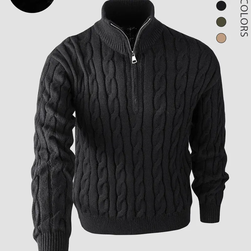 Men's Solid Zip Up Chunky Cable Knit Sweater, Regular Fit Casual Long Sleeve Stand Collar Jumper for Fall & Winter, Fashion Men's Knitwear for Daily Wear (Size is small, it is recommended to order one size larger.)