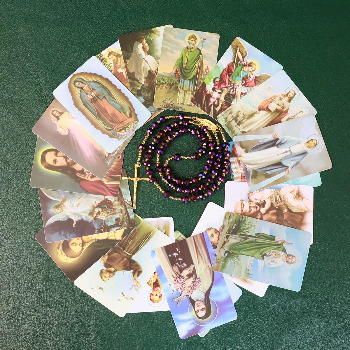 Catholic Rosary Purple Beads Necklace, with Crucifix Rosaries Communion Rosary Christian Gifts Catholic Gifts with a Gift Box And 18pcs Praying Cards