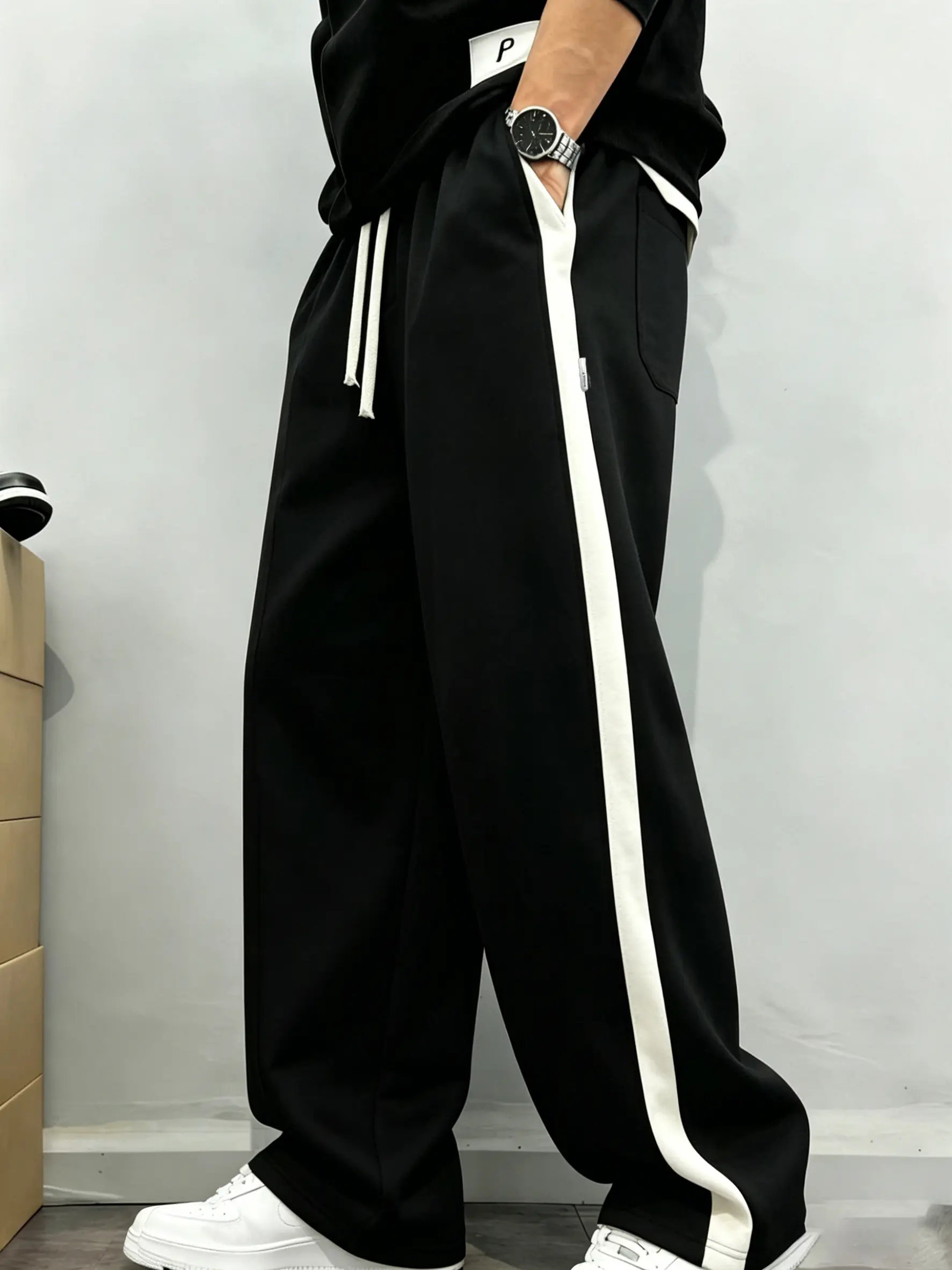 Men's Ice Silk Side-Stripe Athletic Joggers, Loose Straight Fit Quick-Dry Pants for Casual Streetwear and Workouts, Comfy Bottoms