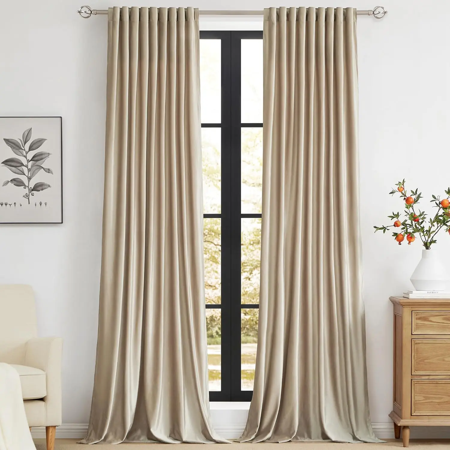Champagne Velvet Curtains 90 inch Long for Living Room,Set of 2 Panels Blackout Rod Back Tab Window Treatment Room Darkening Decorative Curtains Drapes for Bedroom