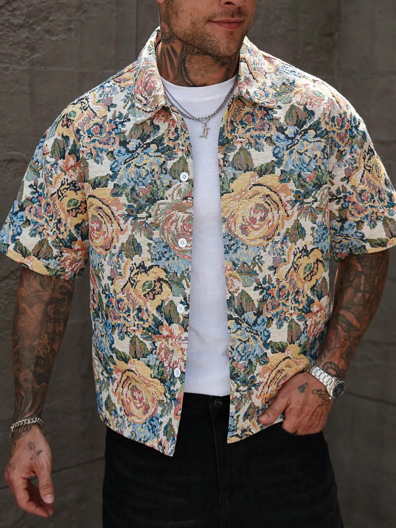 Men's Plus Size Woven Rose Floral Casual Collared Shirt, Casual Street Top, Casual Street Style, Spring & Fall Streetwear, Fitted Design, Daily Wear, Home, Travel, Holidays