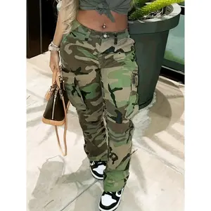 Women's Jeans Medium Stretch Plus Size Women's Street Style Jeans, Camo Print Cargo Denim Pants With Flap Pockets and Button Fly